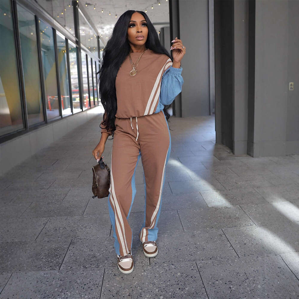 Luxury Autumn/Winter European American Sports Style Color-Blocking Faux Denim Striped Long-Sleeve Sweatshirt And Drawstring Pants Two-Piece Set - view 4