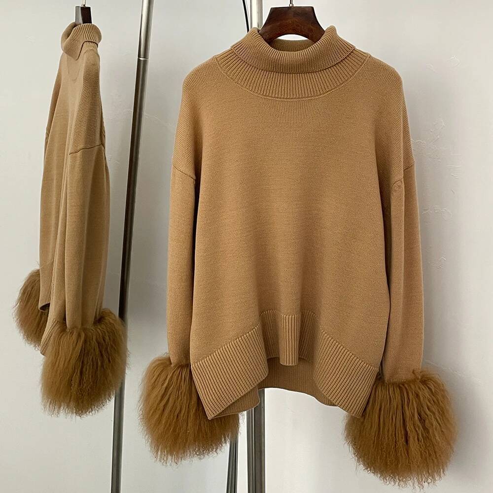 26SS OFTBUY Real Mongolia Sheep Sweater Spring Autumn Oversize Cardigan Women High Collar Pullover Female Cuffs Fur Knitting Coat 26SS - view 4