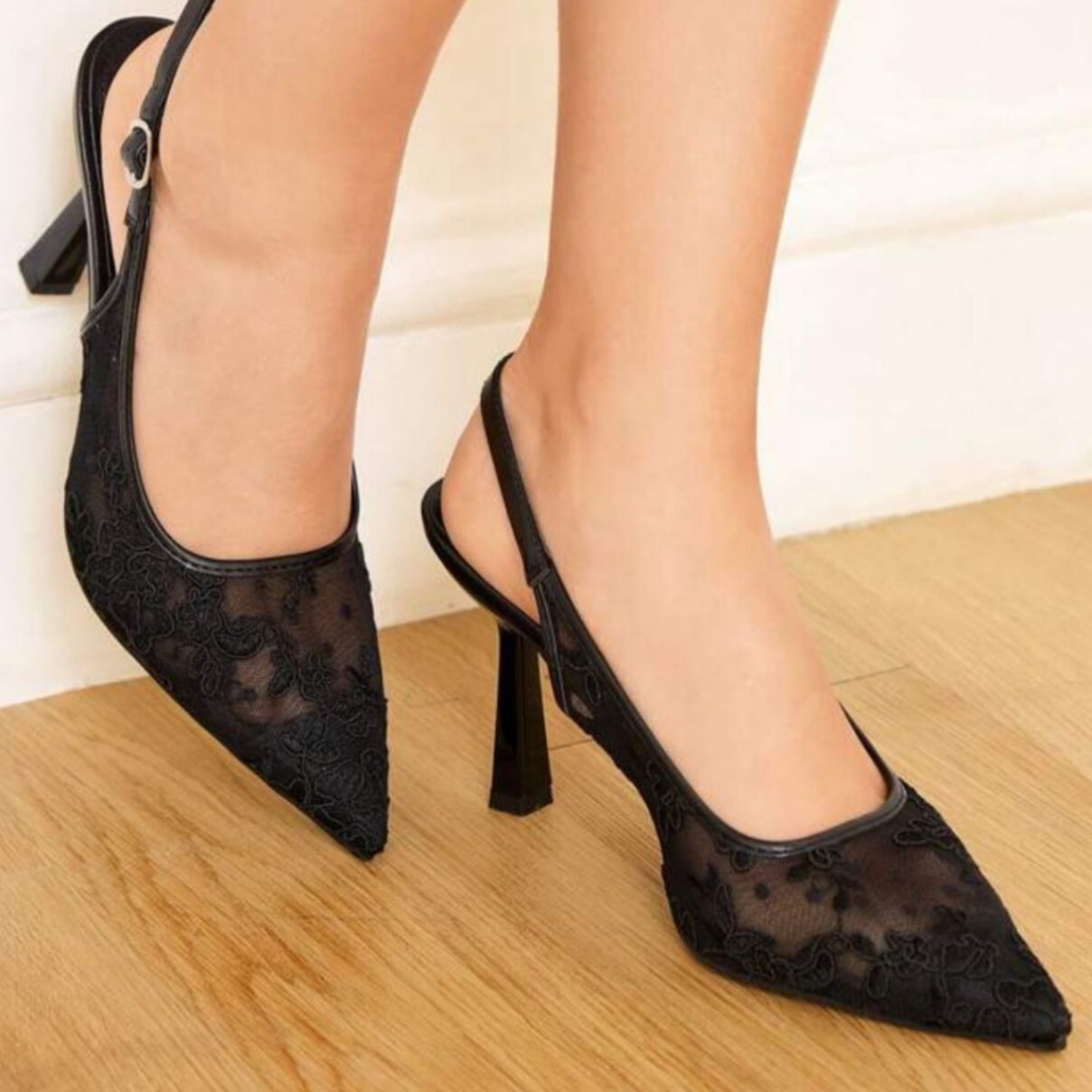 Women White Lace Mesh Slingback Heels, Pointed Toe Floral Embroidery Buckle Bridal Wedding Mid Heel Pumps - view 5