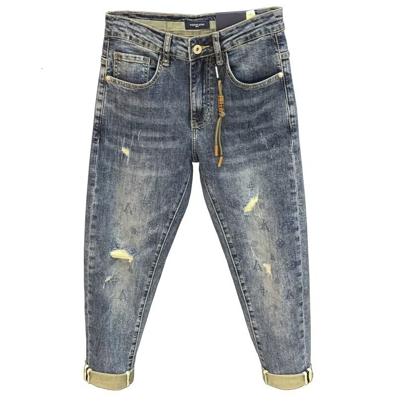 Vintage Distressed Patch Designer Jeans Luxuriy Men's Slim Fit Loose High-end Elastic Cropped Pants Youth Street Fashion Brand Basic Sports And L