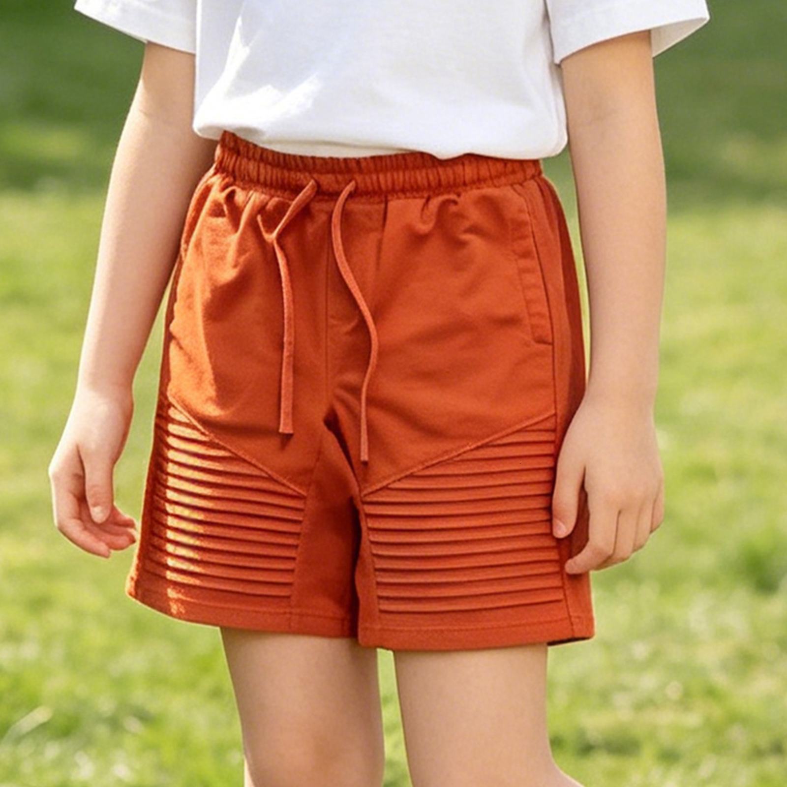 Kids Solid Orange Casual Shorts, Soft Elastic Waist Drawstring Summer Beach Shorts