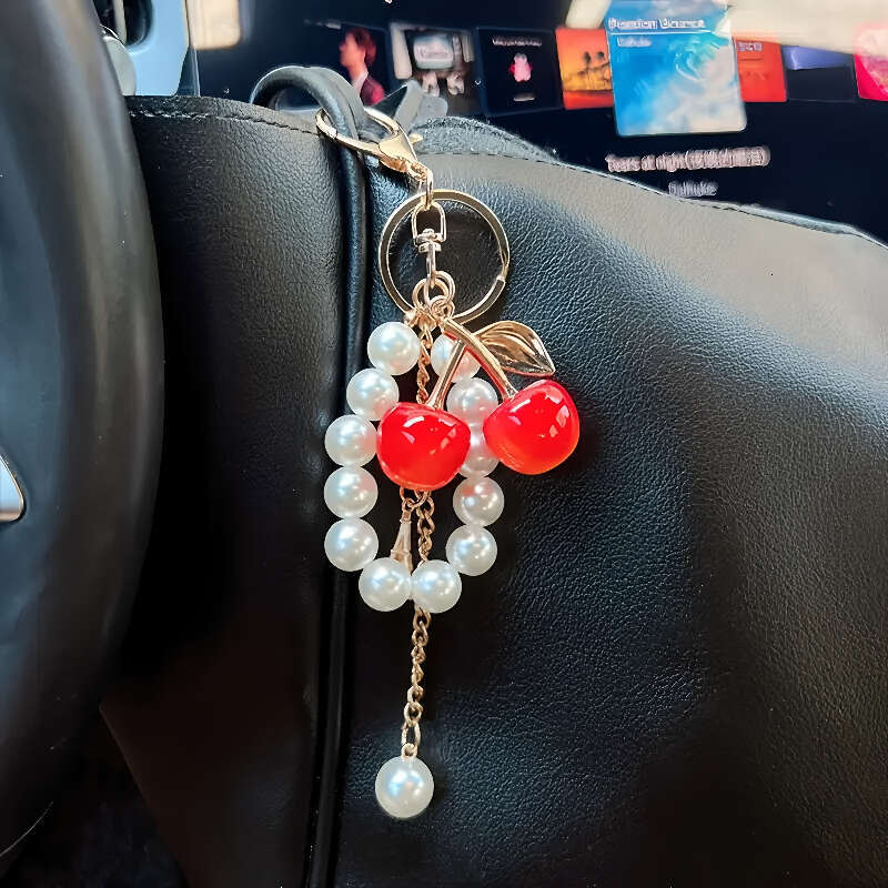 Fashionable Faux Pearl Chain Pendant, Charming Double Cherry Car Keychain Gift Women, Sparkling With A White Iron Tower, Suitable For Commuting And Sc