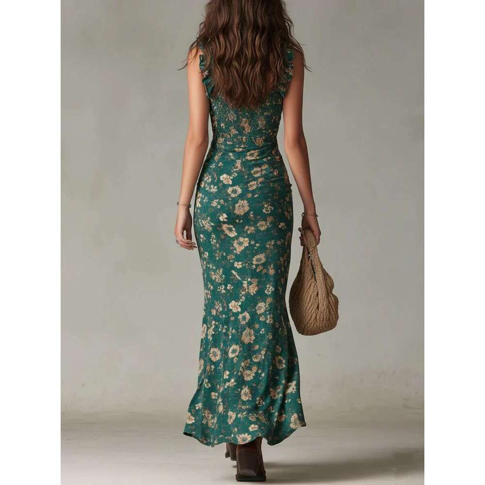 Women Elegant Floral Beach Vacation Streetwear Sexy Low Cut Beach Party Slim Slit Dress Chic Bodycon Lady Sleeveless Vestidos Dress Chinese Style Embr