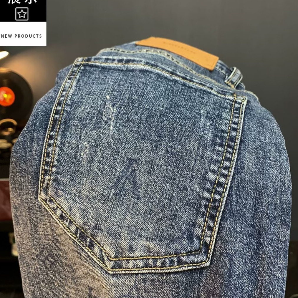 Vintage Distressed Patch Designer Jeans Luxuriy Men's Slim Fit Loose High-end Elastic Cropped Pants Youth Street Fashion Brand Basic Sports And L