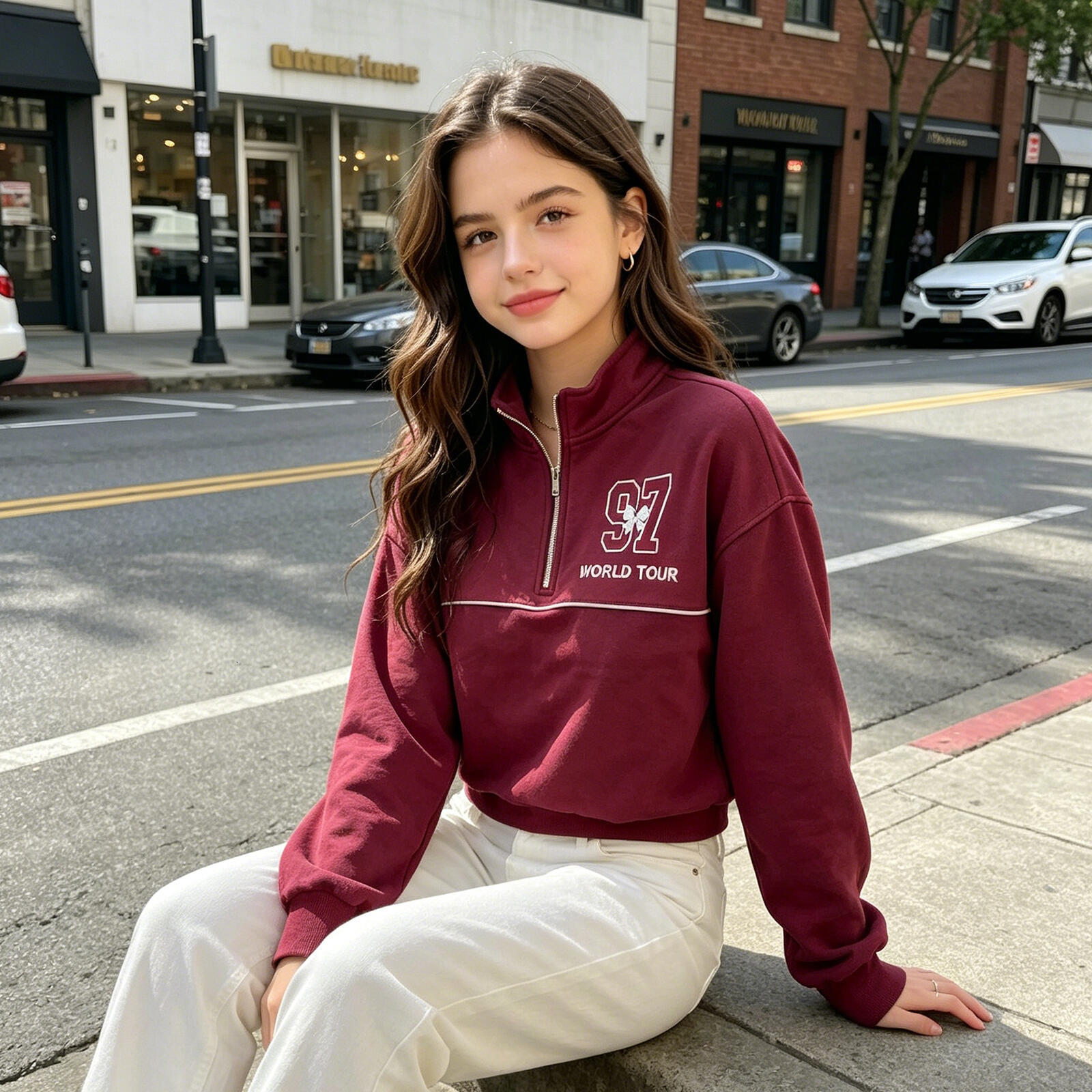 Kids Girls Pink Half Zip Sweatshirt, "97 WORLD TOUR" City Print Pullover with Bow Detail