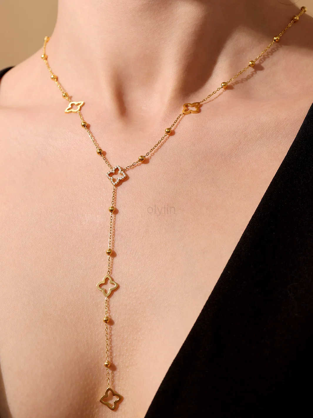 Nivora Gorgeous Luck Clover Zircon Long Chain Stainless Steel Necklaces For Women Metal Female Collar Wedding Banquet Jewelry H260420