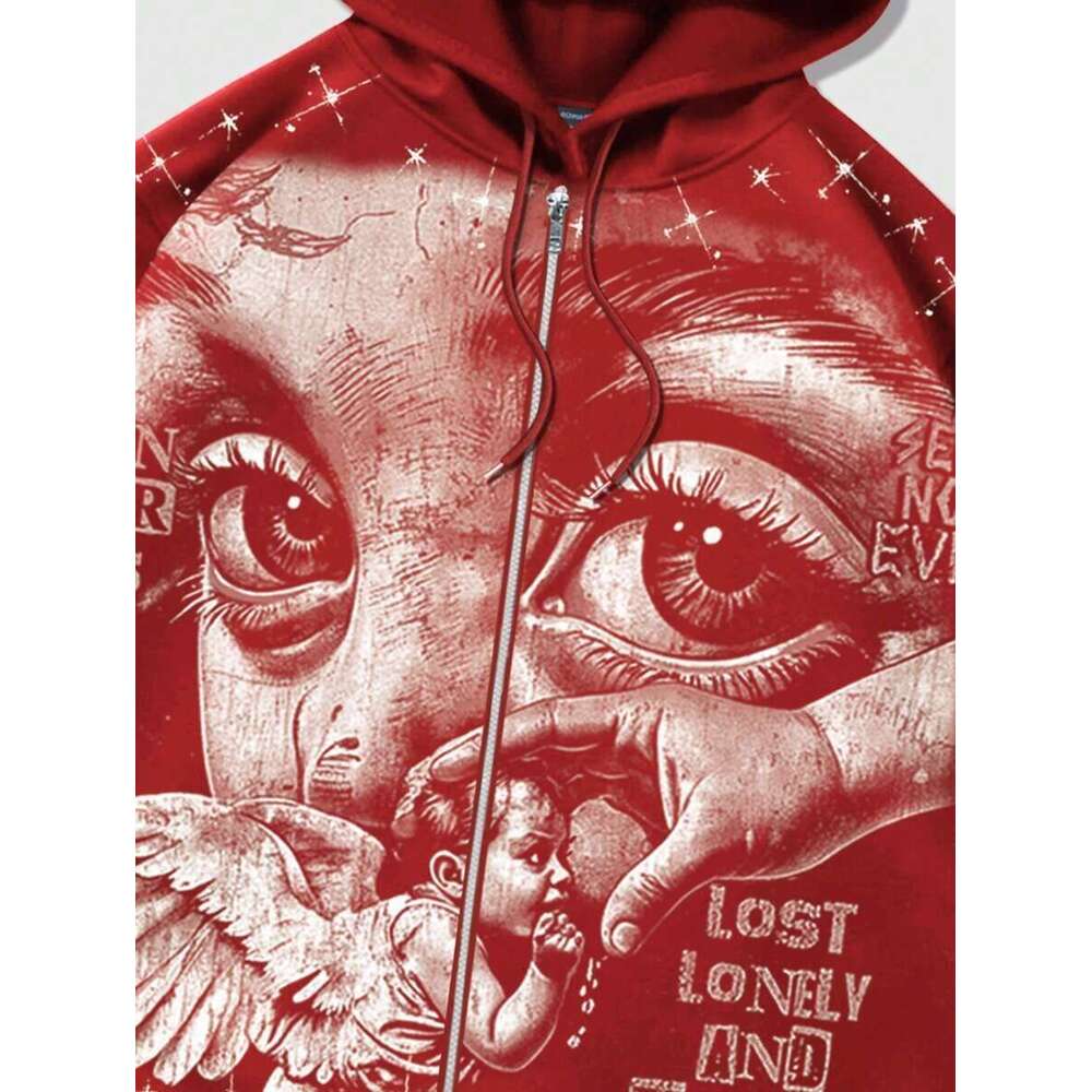 ROMWE MEN Life Spring Graphic Red Men's Casual Fashion Street Angel Print Zip-Up Drawstring Hooded Fleece Sweatshirt, Warm For Autumn/Winter, Y2k - view 6