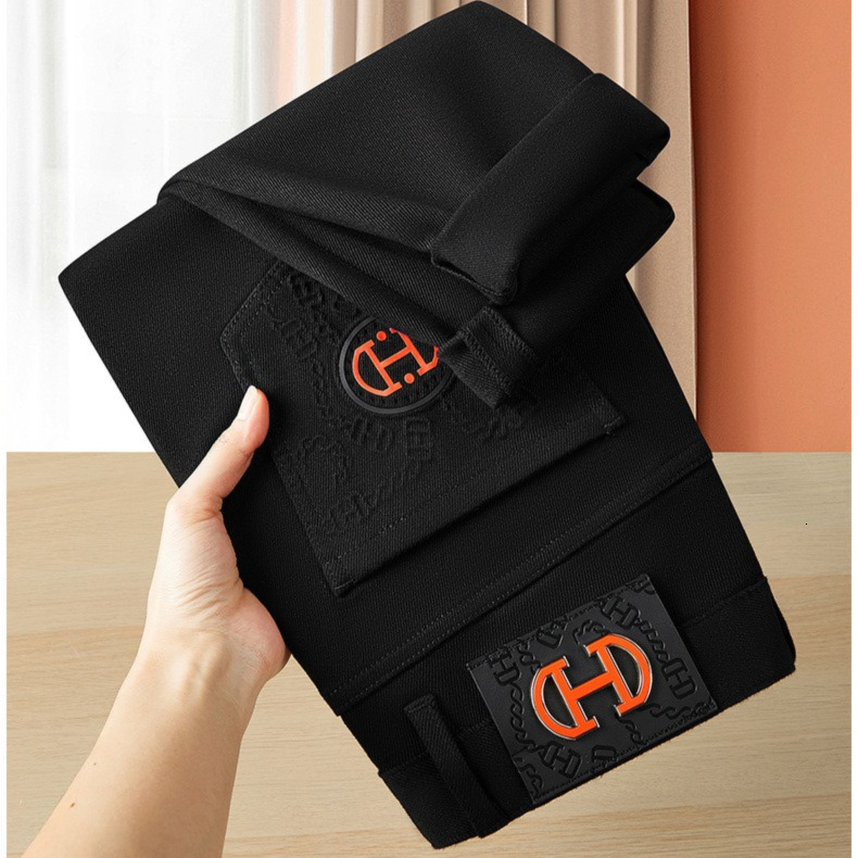 Autumn Thick Boutique Men's Designer Jeans Luxury Fashion Black Small Foot Elastic Slimming Business Casual Pants Trendy Brand Essential Basic Sp