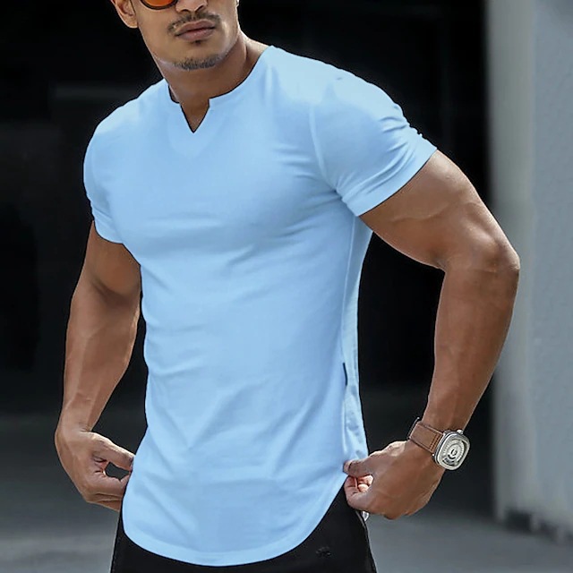 2026 new Men's T Shirts Casual Slim Fit Sports Shirt Mens Summer Short Sleeve V Neck Skinny Stretch Tees Leisure Men Clothes Streetwear Pullover 
