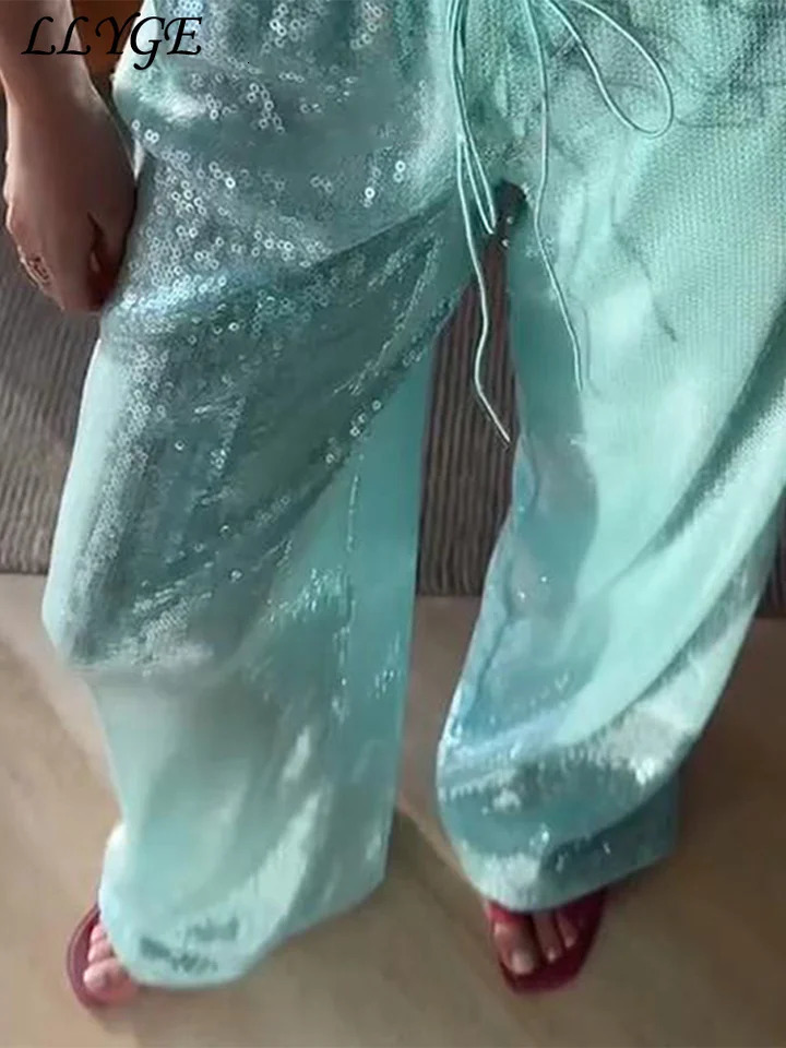 Street Sequin Lace Up Pants Women Elastic Low Waist Wide Leg Trousers Female Spring Summer Lady Shiny Party Club Clothes 260418