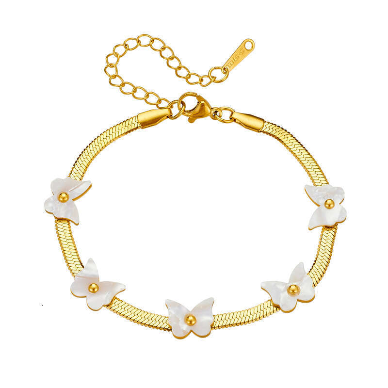 Cross-Border Non-Fading Full-Titanium Steel Jewelry, Personalized Hip-Hop Style, Five Small Daisies, Butterfly, Flat Snake Chain Bracelet For Women, W