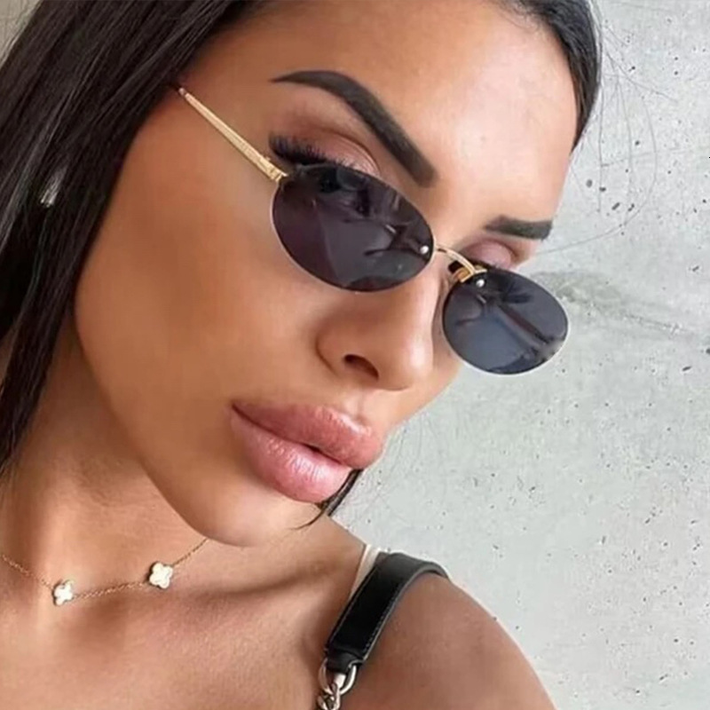 Rimless Sunglasses Women Metal Frame Glasses Chic Eye Sun Glasses Ocean Film Shades Framelss Oval Eyewear 260104