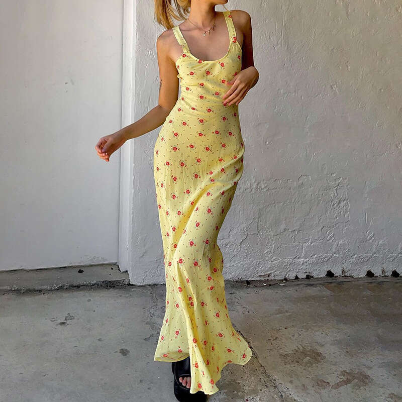 Summer French Floral Spaghetti Strap Mermaid Dress Women Sweet Fresh Milk Silk Beach Long Maxi Dress Vacation Party MAKOUFEI