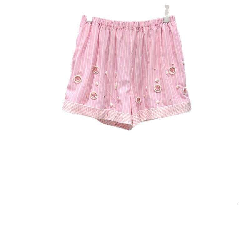 French Niche Spring-Summer Pink Vertical Stripe Heavy Beaded Circular Cutout Shirt And Shorts Women's Set 25230 Mdng260420