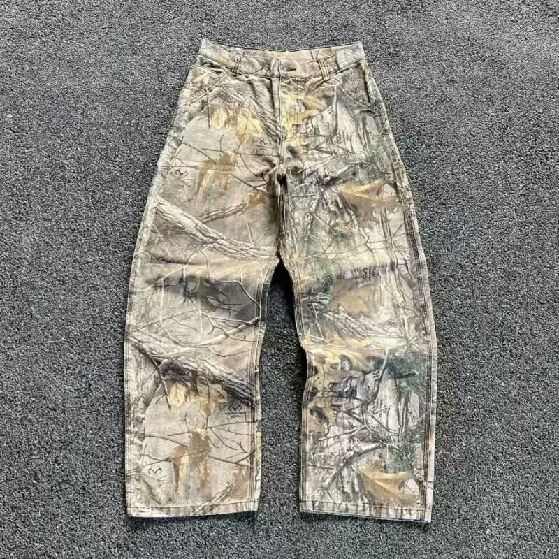 American Grid Hot Stamping Designer Loose Jeans Luxurious Men's Straight Tube Splicing Splashed Ink Micro Horn Pants Street Hip-hop Retro Youth S