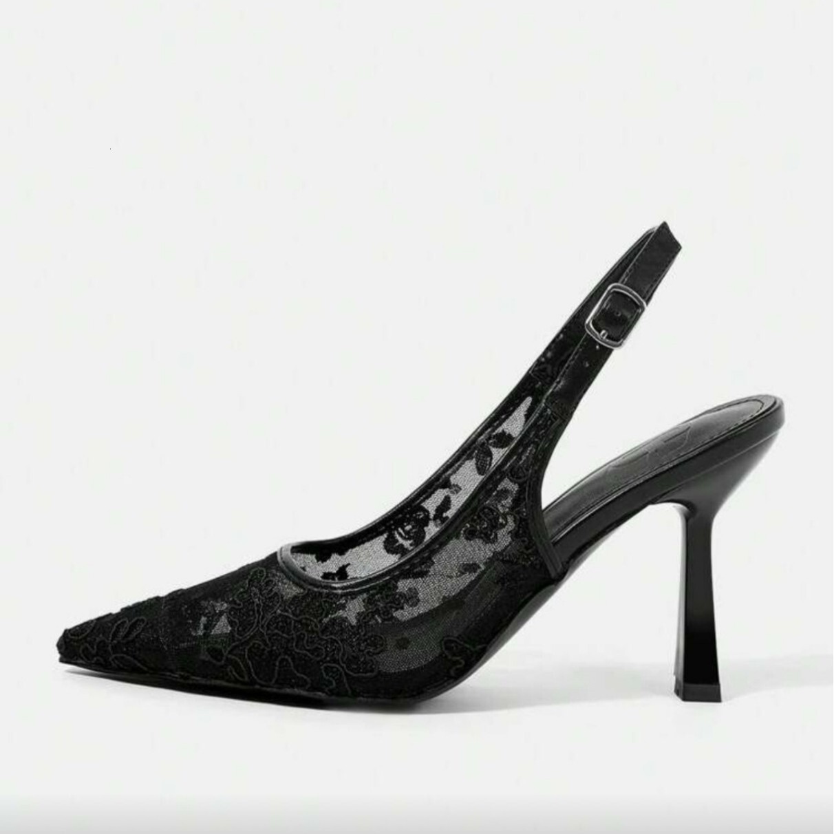 Women White Lace Mesh Slingback Heels, Pointed Toe Floral Embroidery Buckle Bridal Wedding Mid Heel Pumps - view 6