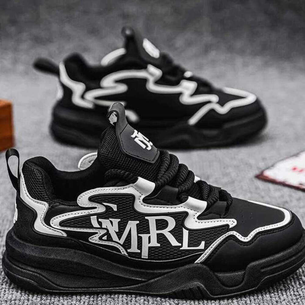Men's new autumn versatile leather running sneakers height-increasing thick-soled dad shoes Black Chunky Sneakers Cool Silver Letter Print Casual