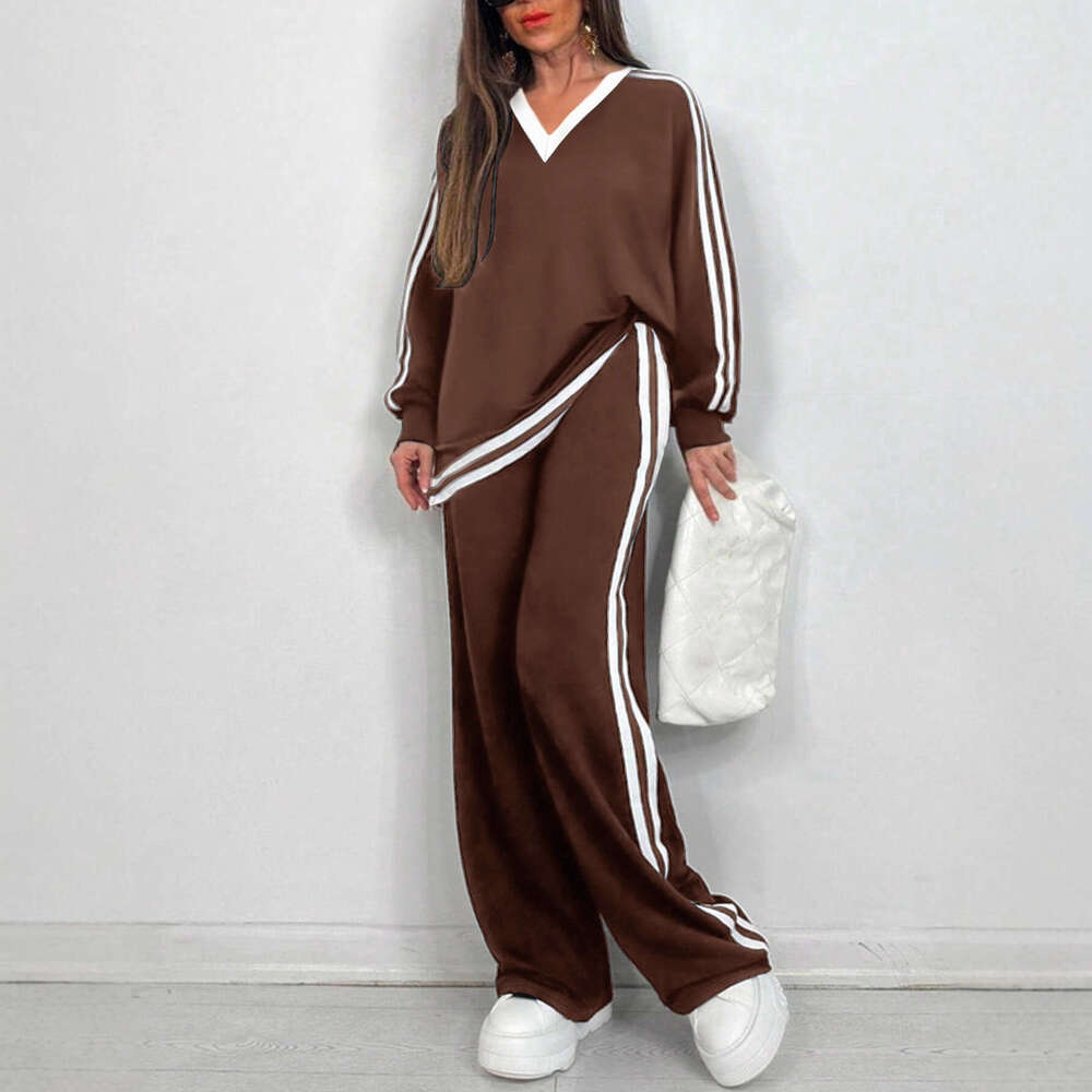 Luxury Autumn/Winter European And American Cross-Border Fashion Casual V-Neck Striped Long-Sleeve Pants Set New Round-Neck Women's Outfit - view 5