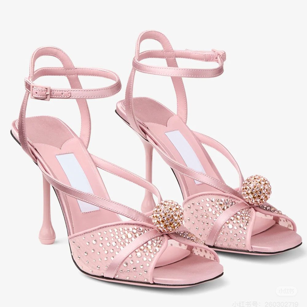 Top quality rhinestone Embellished Mesh Sandals Luxury Designer Leather Lady Stiletto Heels Ankle Strap Bridal Wedding Dress Shoes Fashion open toe evening shoes