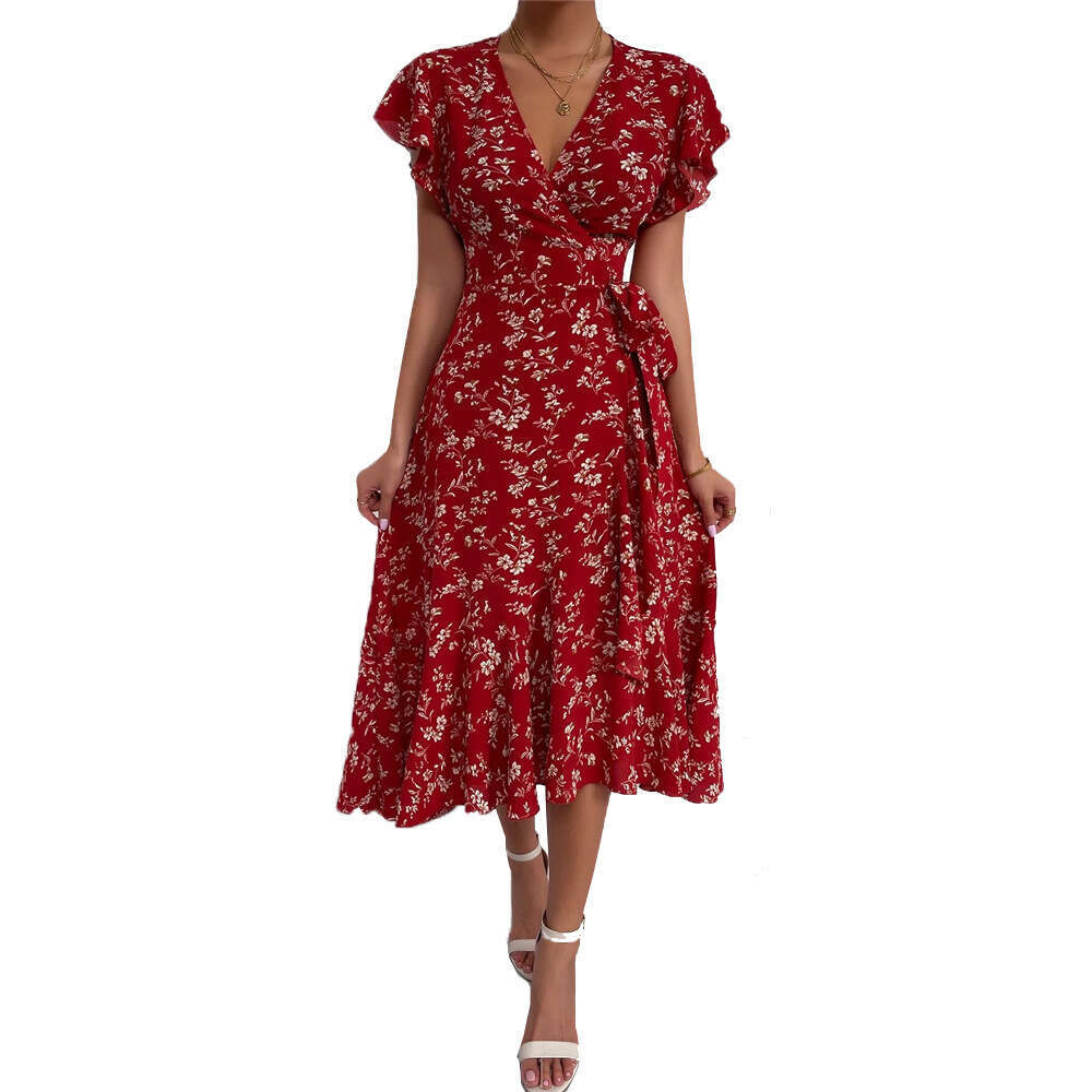 Women Sexy Deep V Lace Up Floral Maxi Dress Fashion High Waist Cinch Vacation Beach Party Long Dress Summer Hot Sale MAKOUFEI