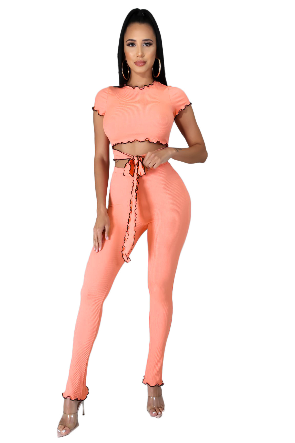 9352 Womens Casual Solid Color Cropped Two-Piece Outfit 201104