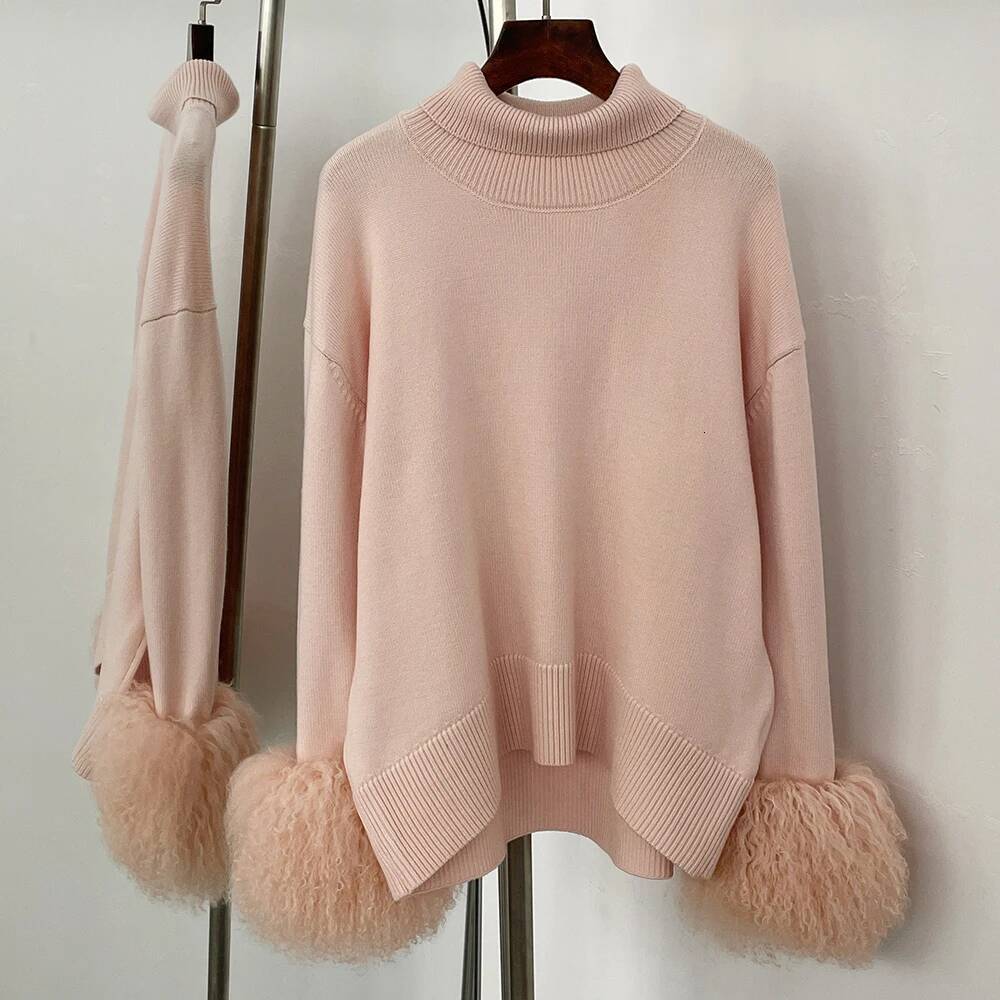 26SS OFTBUY Real Mongolia Sheep Sweater Spring Autumn Oversize Cardigan Women High Collar Pullover Female Cuffs Fur Knitting Coat 26SS - view 5