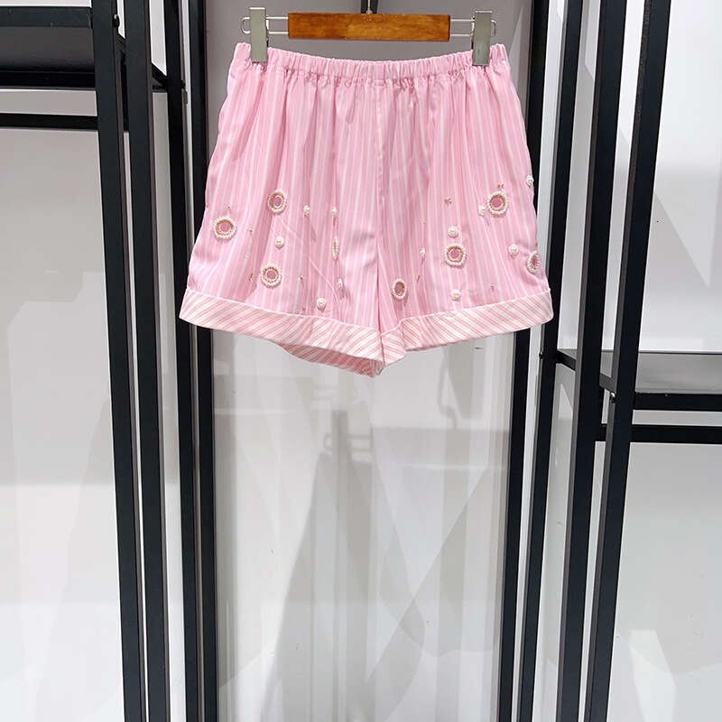 French Niche Spring-Summer Pink Vertical Stripe Heavy Beaded Circular Cutout Shirt And Shorts Women's Set 25230 Mdng260420
