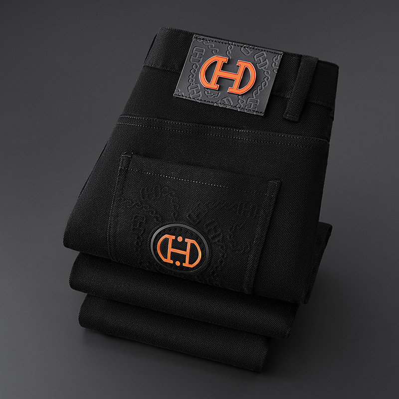 Autumn Thick Boutique Men's Designer Jeans Luxury Fashion Black Small Foot Elastic Slimming Business Casual Pants Trendy Brand Essential Basic Sp