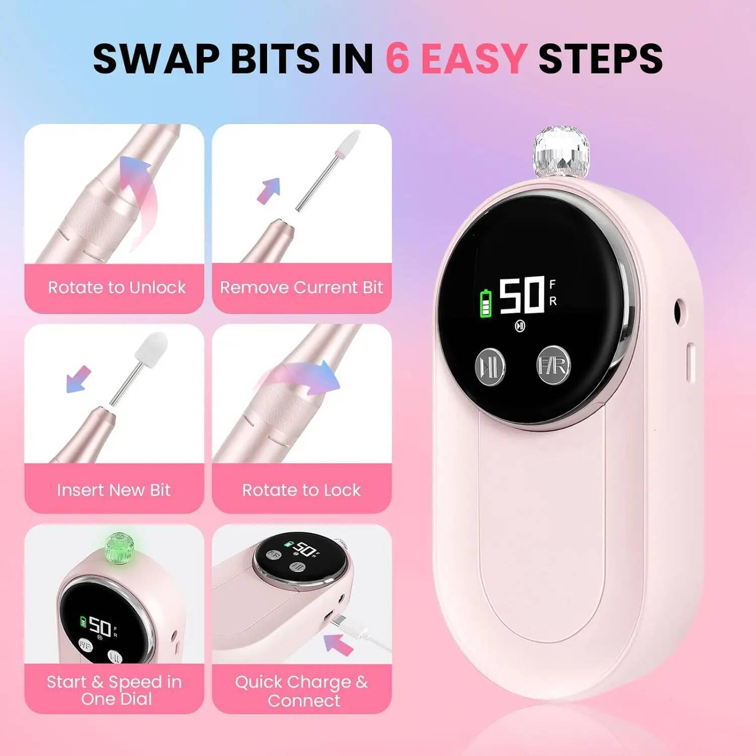 50000Rpm Professional Electric Drill Rechargeable Polisher With LCD Screen Suitable For Gel Polish Nail File Manicure Tool Fast Shipping X260420 - view 6