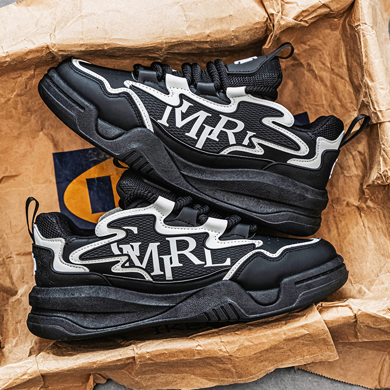Men's new autumn versatile leather running sneakers height-increasing thick-soled dad shoes Black Chunky Sneakers Cool Silver Letter Print Casual