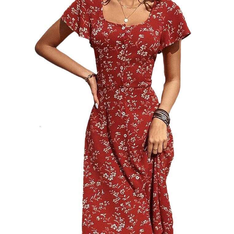 In Stock Women Floral Square Neck Button Dress Fashion Casual Summer Midi Dress Amazon Wish Hot Selling Outfit MAKOUFEI