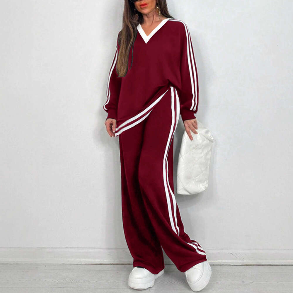 Luxury Autumn/Winter European And American Cross-Border Fashion Casual V-Neck Striped Long-Sleeve Pants Set New Round-Neck Women's Outfit - view 4