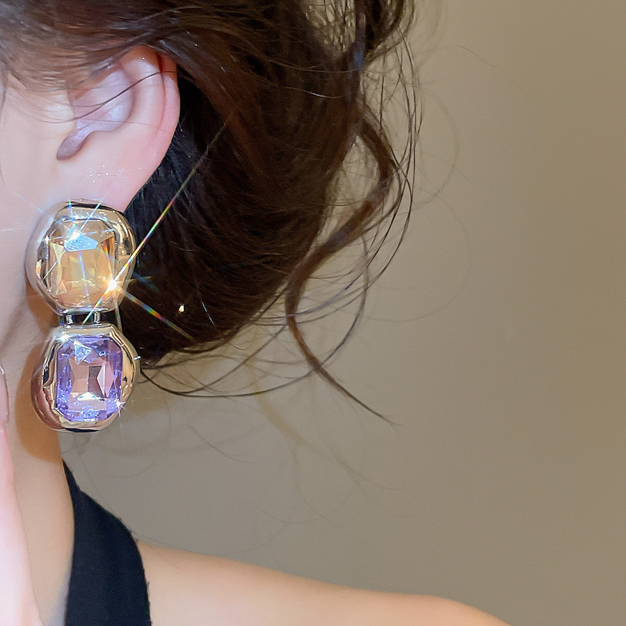 European American light luxury elegant geometric block color-blocking glass gemstone earrings, fashionable and sophisticated women's earrings - view 3