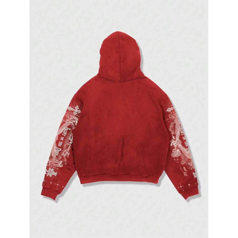 ROMWE MEN Life Spring Graphic Red Men's Casual Fashion Street Angel Print Zip-Up Drawstring Hooded Fleece Sweatshirt, Warm For Autumn/Winter, Y2k - view 3