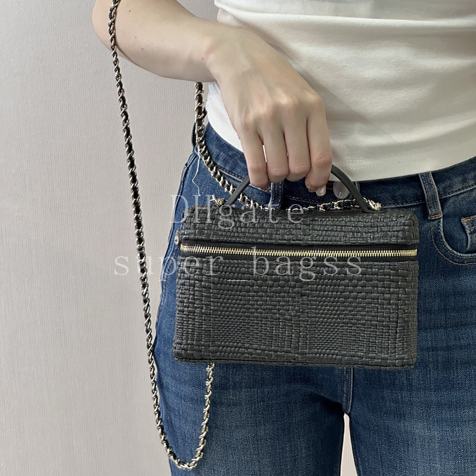 Classic Vanity with Chain Top Handle Professional OEM Quality designer bag 19.5CM handbag Braided Raffia Shoulder Bag Luxury crossbody bag with gift box C350G