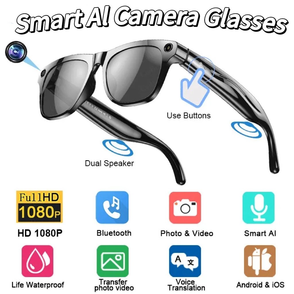 2026 model smart camera glasses with advanced shooting functions, Bluetooth-enabled voice calls/ video recording/ translation capabilities, and water resistance.