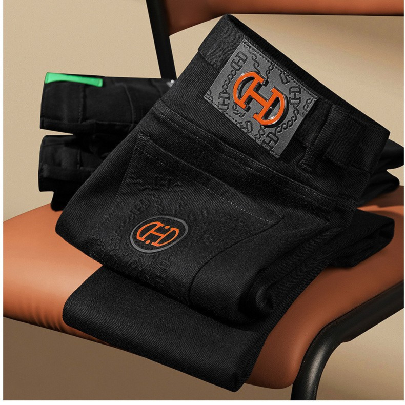 Autumn Thick Boutique Men's Designer Jeans Luxury Fashion Black Small Foot Elastic Slimming Business Casual Pants Trendy Brand Essential Basic Sp