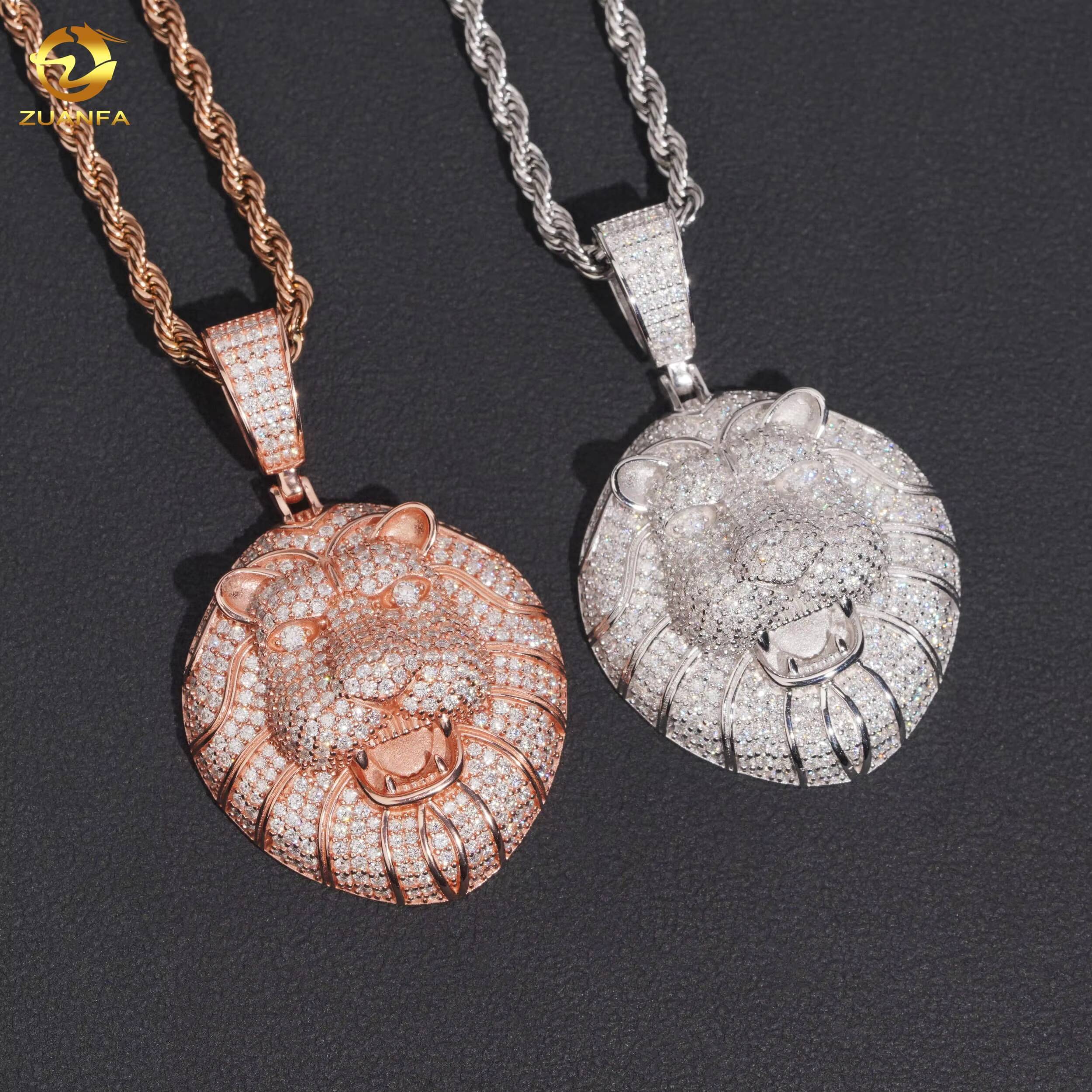 New Arrivals Hip Hop 3D Lion Head Pendant Iced Out VVS Moissanite S925 Sterling Silver Rose Gold Rapper Charm Icy Bling Necklace For Men With GRA Cert