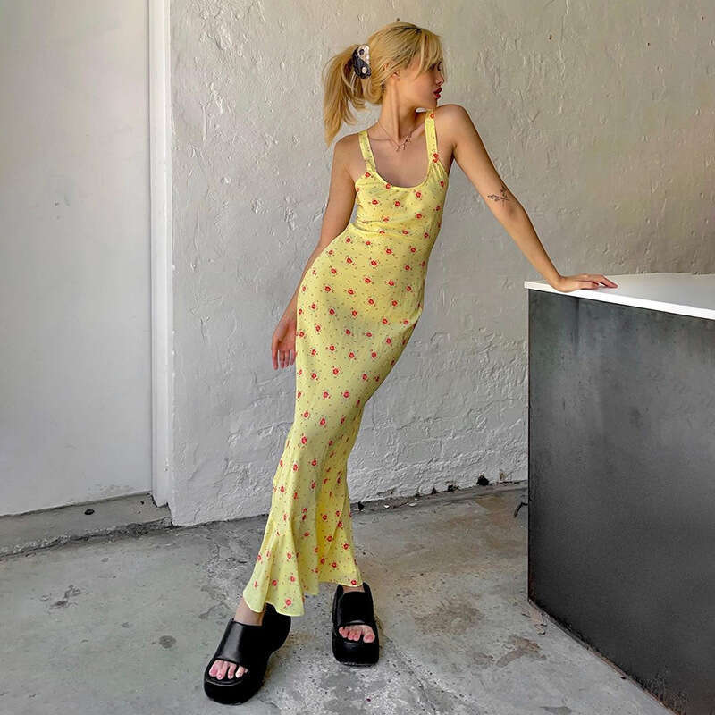 Summer French Floral Spaghetti Strap Mermaid Dress Women Sweet Fresh Milk Silk Beach Long Maxi Dress Vacation Party MAKOUFEI