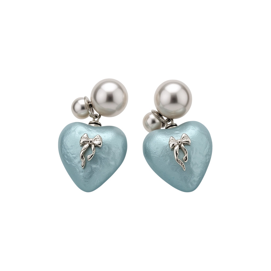 Fresh Elegant Blue Heart-Shaped Bowknot Pearl Earrings for Women, Fashionable Versatile, Luxurious and Sophisticated Ear Accessories - view 9