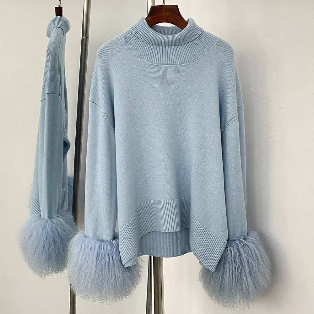 26SS OFTBUY Real Mongolia Sheep Sweater Spring Autumn Oversize Cardigan Women High Collar Pullover Female Cuffs Fur Knitting Coat 26SS - view 3