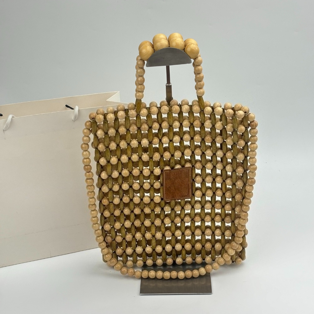 Wooden Bead Shoulder Bags Designer New Handwoven Natural Wood Beaded Top Handle Bag Boho Summer Beach Handbag Women Eco-friendly Hollow-out Travel Vacation Tote 3632