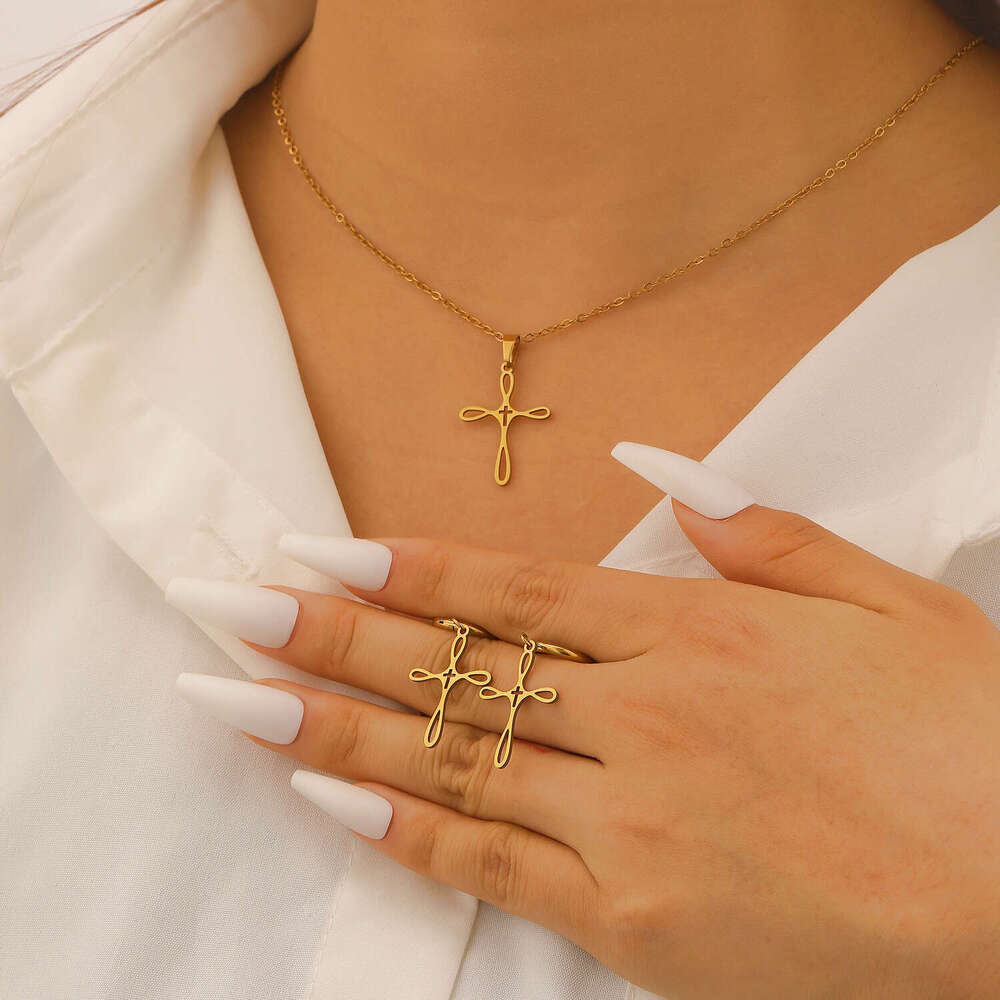 Cross-Border Cross Necklace Stainless Steel Collarbone Chain And Earring Set, Exquisite, Simple, Personalized, Versatile Daily Accessory For Women