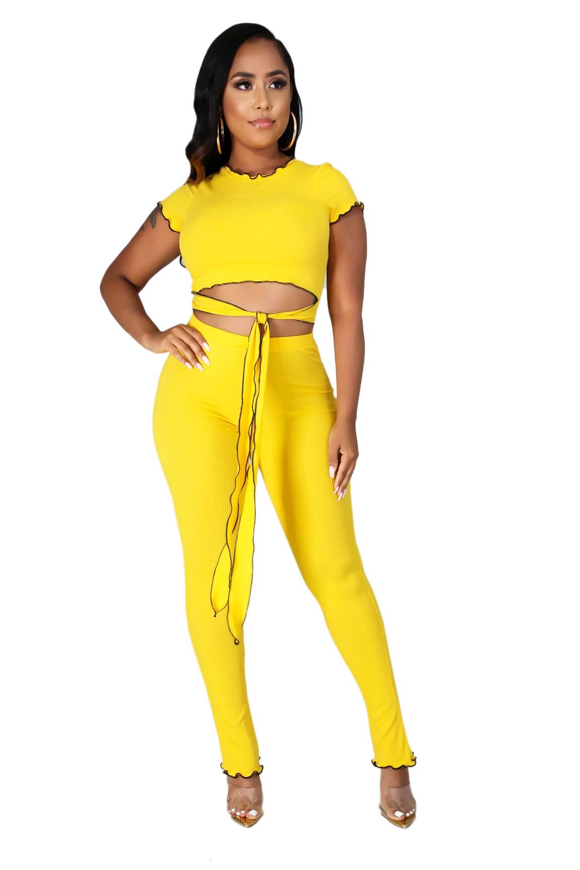 9352 Womens Casual Solid Color Cropped Two-Piece Outfit 201104