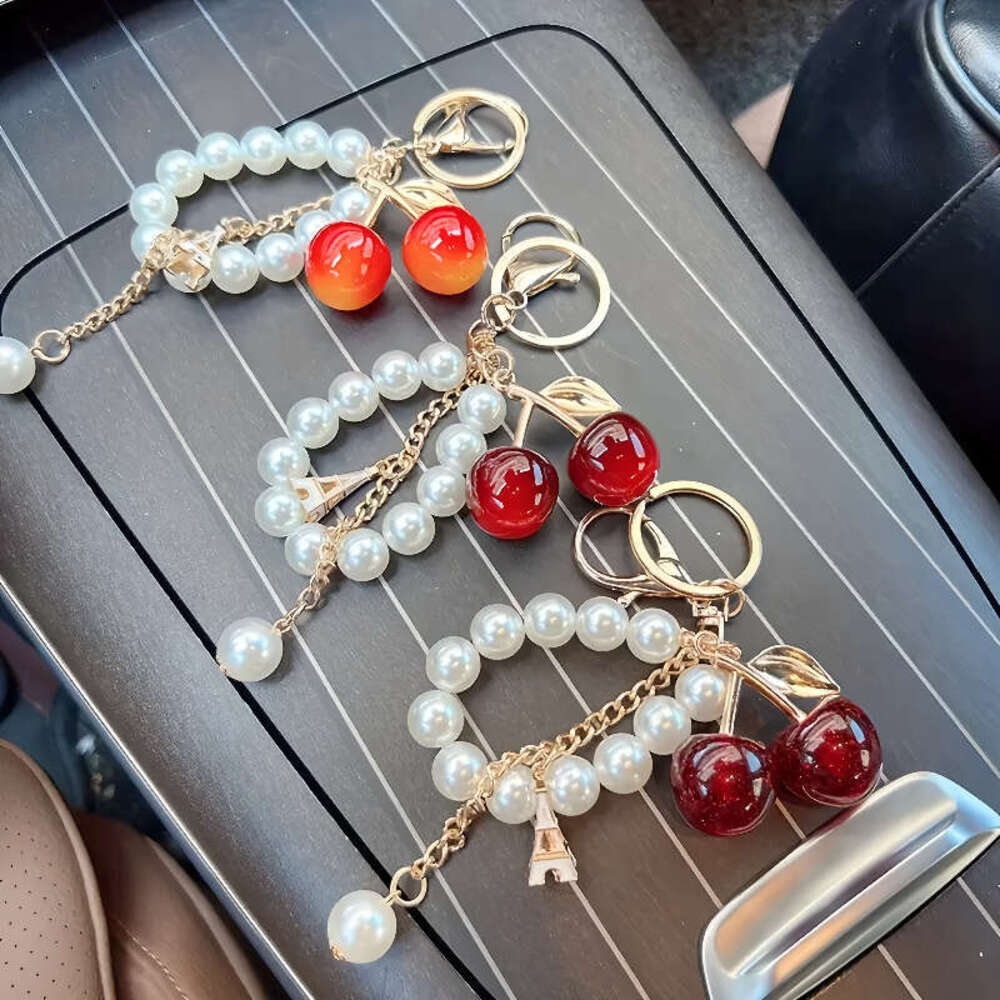 Fashionable Faux Pearl Chain Pendant, Charming Double Cherry Car Keychain Gift Women, Sparkling With A White Iron Tower, Suitable For Commuting And Sc