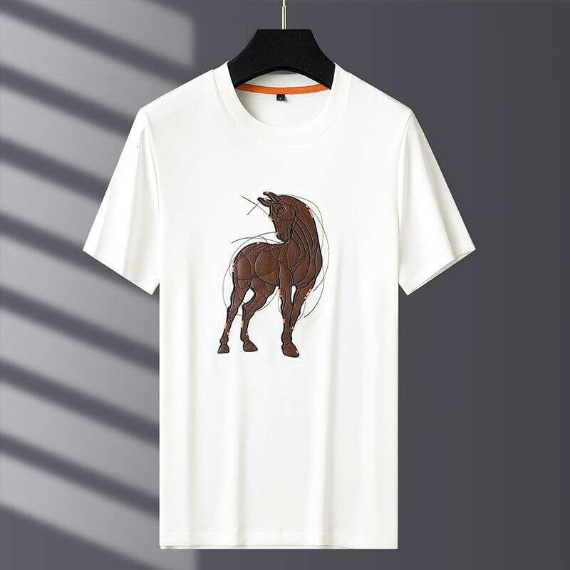 Xiu Ma Jia~New Product: Horse Leather Patch Embroidered Fashion Casual Men's Niche Stylish Tencel Cotton Round-Neck Short-Sleeve T-Shirt Asia Siz