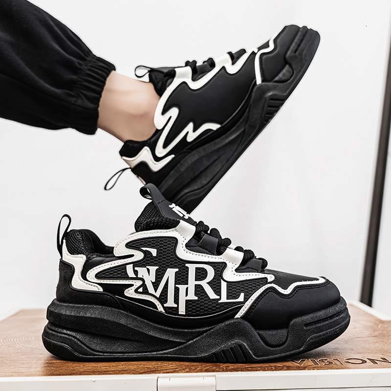 Men's new autumn versatile leather running sneakers height-increasing thick-soled dad shoes Black Chunky Sneakers Cool Silver Letter Print Casual
