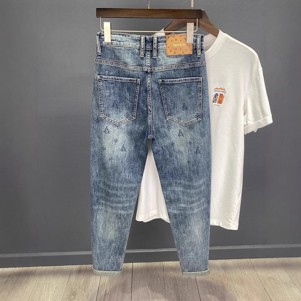 Vintage Distressed Patch Designer Jeans Luxuriy Men's Slim Fit Loose High-end Elastic Cropped Pants Youth Street Fashion Brand Basic Sports And L