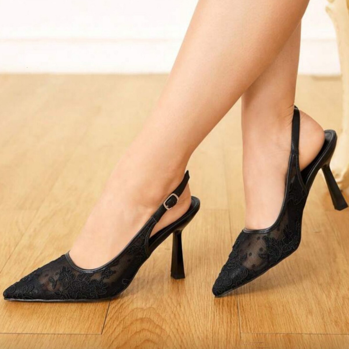 Women White Lace Mesh Slingback Heels, Pointed Toe Floral Embroidery Buckle Bridal Wedding Mid Heel Pumps - view 4