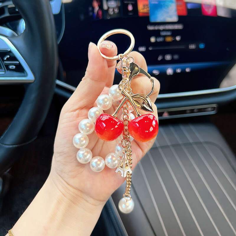 Fashionable Faux Pearl Chain Pendant, Charming Double Cherry Car Keychain Gift Women, Sparkling With A White Iron Tower, Suitable For Commuting And Sc
